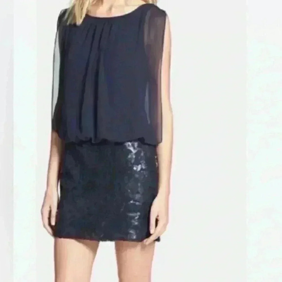 Aidan Mattox Navy Cocktail Dress with Sheer Flatter Top and Sequined Skirt Boho - Picture 1 of 5